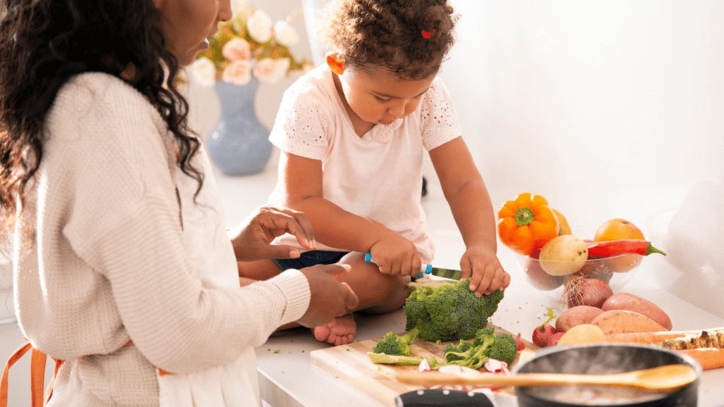 mum and kid cooking